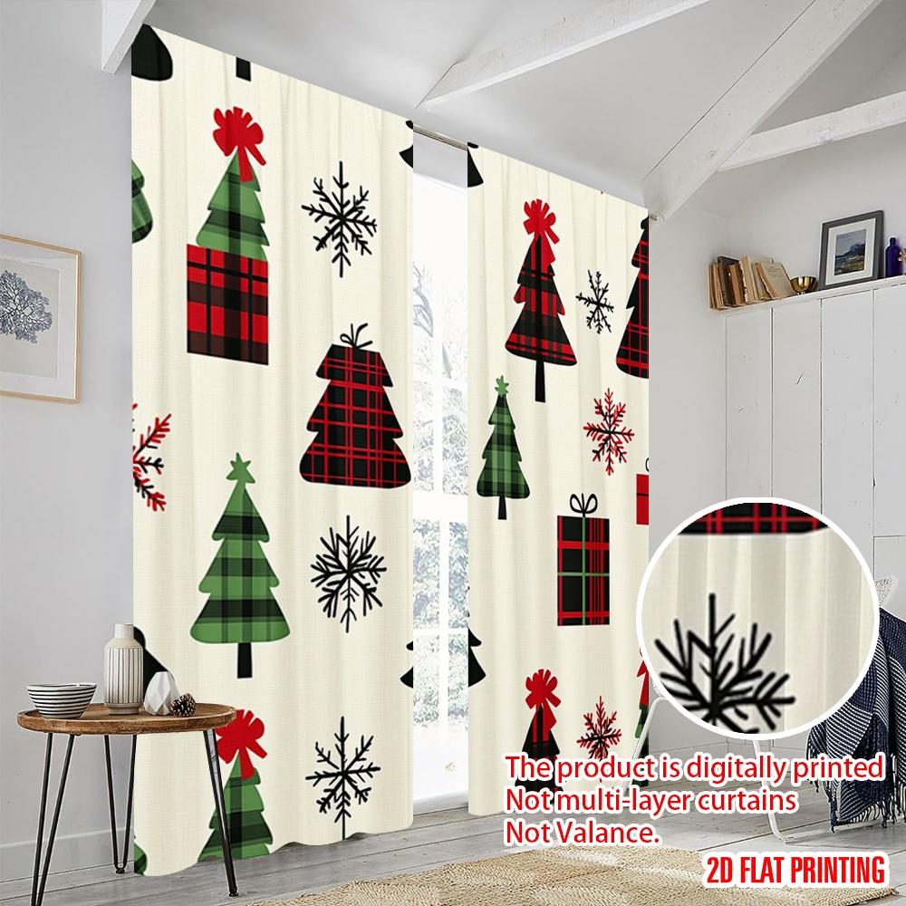2pcs,2D Plane Printing Print Curtains Buffalo Plaid Christmas Trees Snowflakes_b Durable 100% Polyester Fabric (without Rod) All