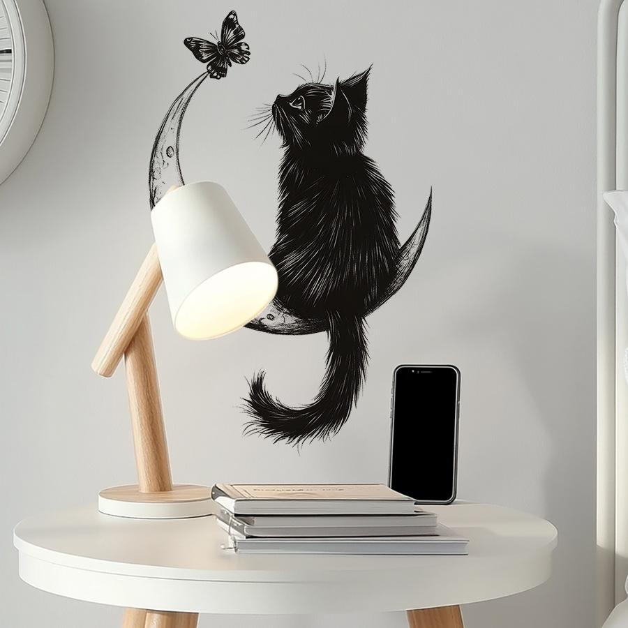Minimalist Black Cat with Butterfly and Moon Wall Sticker Self-Adhesive Removable Decal for Bedroom Living Room Wall Art