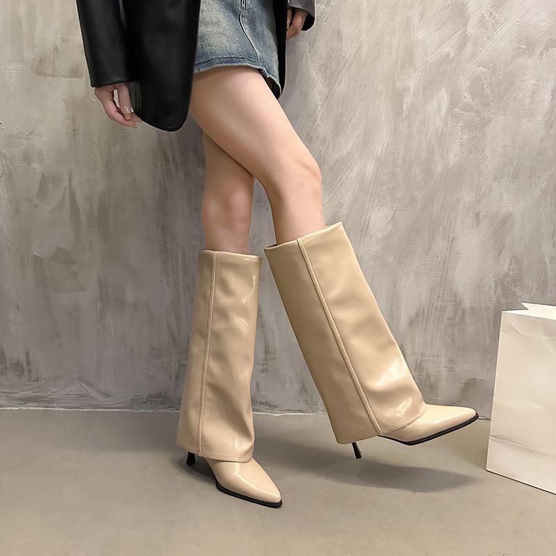 Designer Women Chunky Knee-High Boots Pointed Toe Sexy Solid Color Autumn Winter New Retro Fad Women's Boots Size 35-42