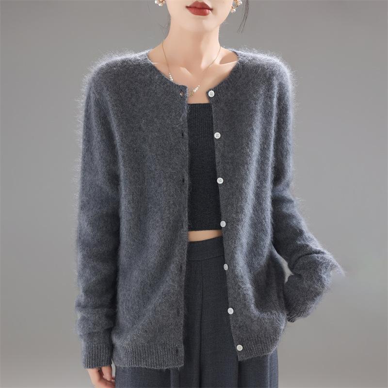 New Brushed Crew Neck Cardigan Solid Color Knitted Wool Sweater Women'S Brushed Jacket Loose Versatile Knitted Sweater