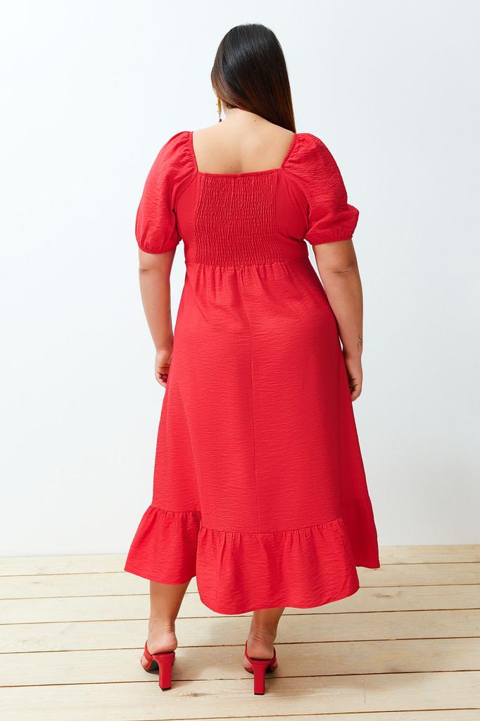 Women's Style Plus Size Red Crew Neck Ruffle Skirt Woven Dress