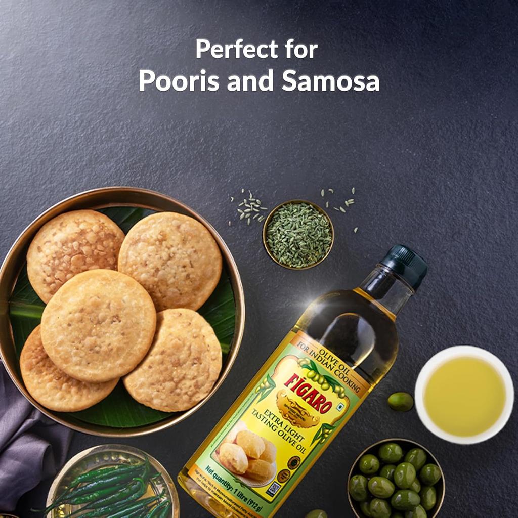 Figaro Extra Light Tasting Olive Oil 1L Pack of 1 | Ideal for Indian Cooking & Deep Frying