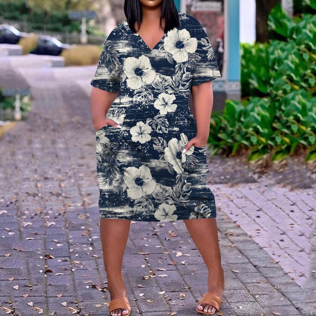 Summer Plus Size V Neck Short Sleeve Knee Pocket  Print Casual Dress For Women