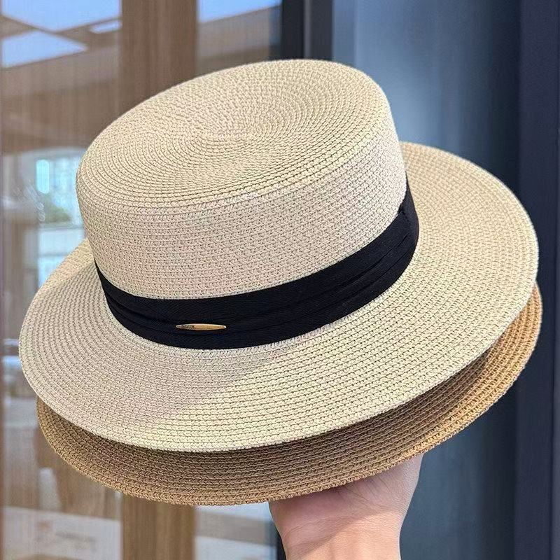 French light luxury flat brim straw hat women's spring summer elegant anti-ultraviolet sun hat seaside vacation versatile show small face