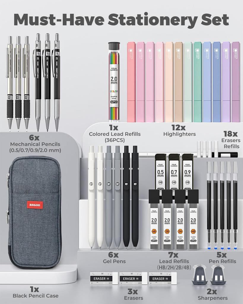 Four Candies 45-Piece Stationery Set: Pencil Case, Mechanical Pencils (0.5, 0.7, 0.9 & 2.0mm), Gel Pens, Highlighters, Writing Utensils, School Suppli