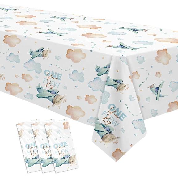 Airplane 1st Birthday Decorations Tablecloth, 3 Pack Disposable Blue Aviation One Year Flew by Theme Airplane First Birthday Party Supplies Table