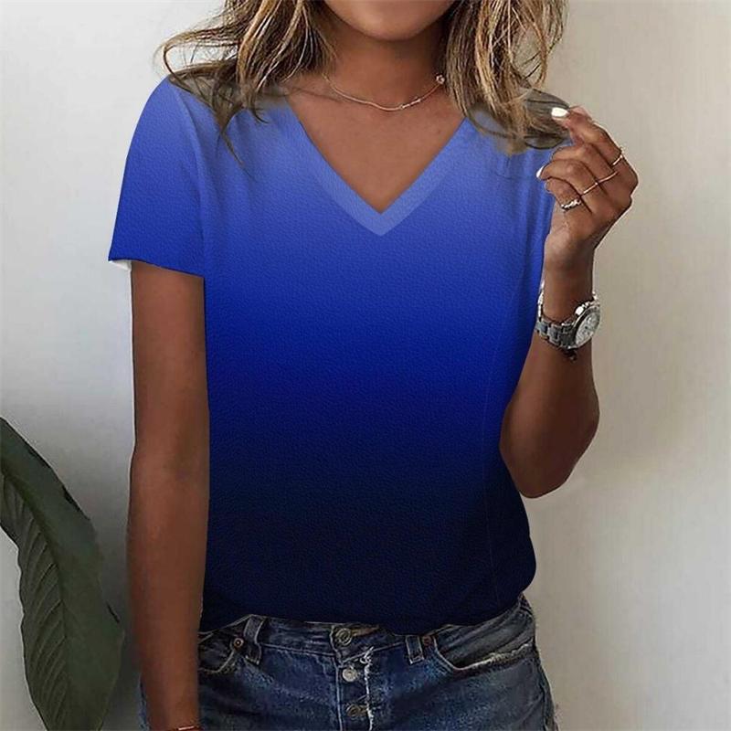 3D printed women s T-shirt simple gradient color V-neck top XS