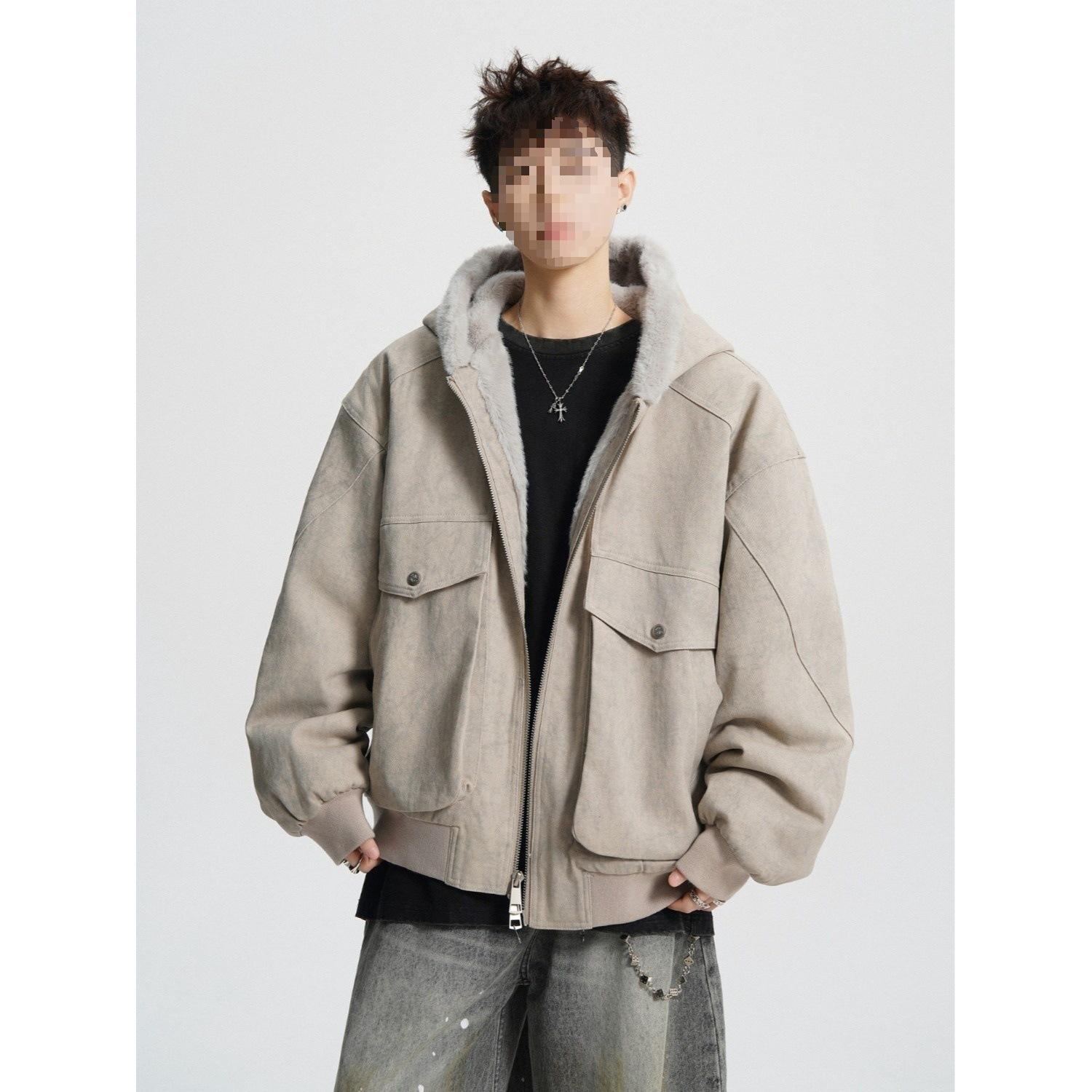 Marble Hooded Men s Winter Jacket – Retro American Style, Handsome and Versatile, Loose-Fit Cotton Workwear. M