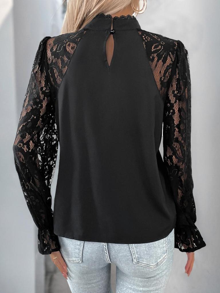 Women's Summer Lace Splicing Long Sleeve Pullover Top with Round Neck - European and American Style