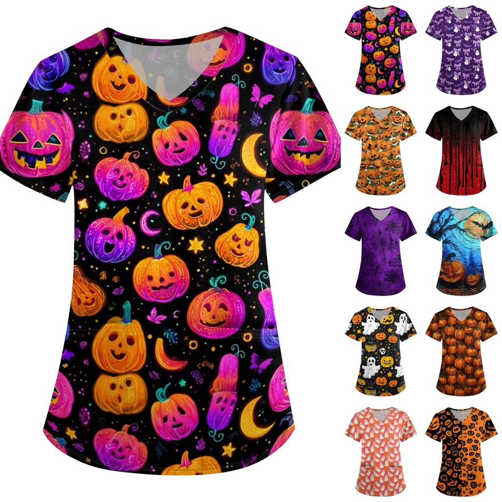 Womens Halloween Print Loose Fit V Neck Pocket Short Sleeve Scrub Top for Nurses and Professionals
