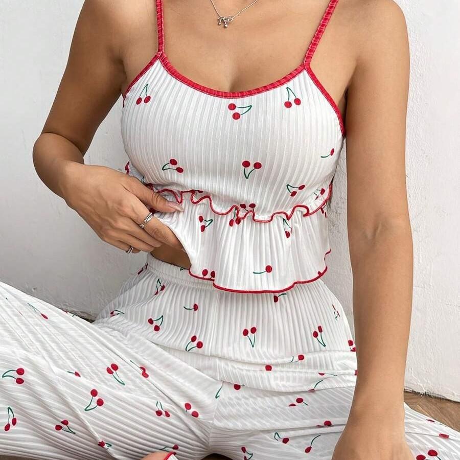 Summer Sling Pajamas Set Women Pants and Sleeveless Tops Set Round Neck Sleepwear Young Girls Cherry Print Loungewear Homewear Pyjamas