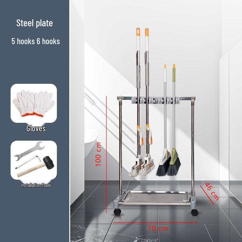 Movable Stainless Steel Mop Storage Rack with Hooks for Floor-Standing Draining in Schools and Factories