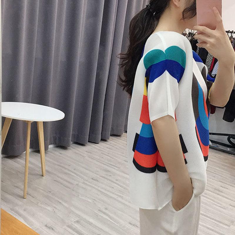 Plissee Mode Temperament dünne große Größe Druck Kurzarm lose T-Shirt Sommer neue wilde O-Ausschnitt T-Shirt weißes Top