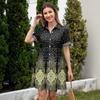 Women Casual Loose Shirt Dress Button Up Stand Collar Short Sleeve Printed Mini Dress Lightweight Tunic Dress