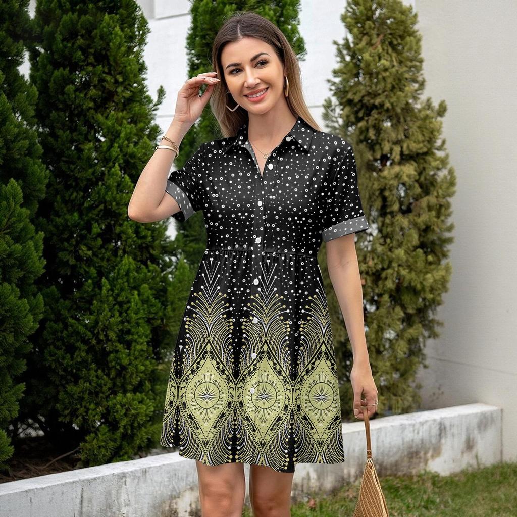 Women Casual Loose Shirt Dress Button Up Stand Collar Short Sleeve Printed Mini Dress Lightweight Tunic Dress