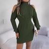 QICED Autumn and Winter Casual Off-the-shoulder, Semi-high Neck, Twisted Lantern Sleeve, Hip-hugging Fur Dress for Women