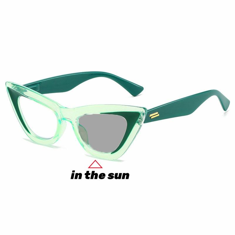 

Womens Fashion Cat Eye Pochromic Reading Glasses New Design Small Triangle Frame Color Changing Far Sight Eyeglasses Diopter 4.0