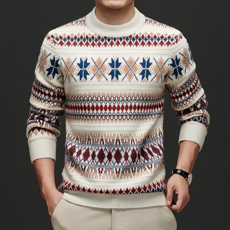 Unisex Striped Jacquard Wool Sweater - Thick, Versatile & Warm for Autumn/Winter