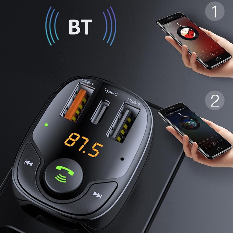 

LOHEE S-15PD QC PD 3-Port Bluetooth-compatible Calls Fast Charging Car Charger Bluetooth-compatible Music Player Cigarette Lighter Adapter Black