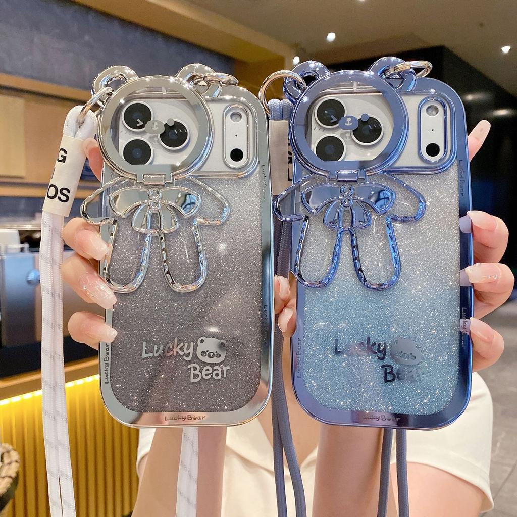 Lucky Bear Lanyard Mobile Phone Case Is Suitable for Apple 17PROMAX Anti-drop 16/15 Gradual Change Glitter 11/12 Personality