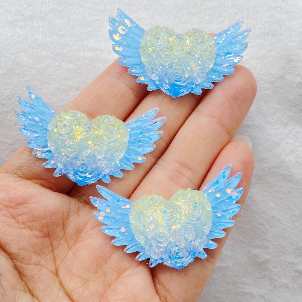 6Pcs Cute Resin Sparkling Colored Rose With Heart-shaped Wings Flat Back Scrapbooking DIY Jewelry Craft Decoration Accessories
