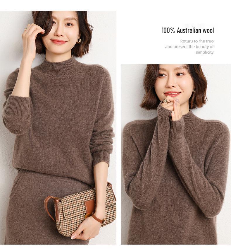 Women's 100% Wool Thickened Saddle Shoulder Sweater – Soft and Warm Half-High Neck Knitwear for Autumn and Winter