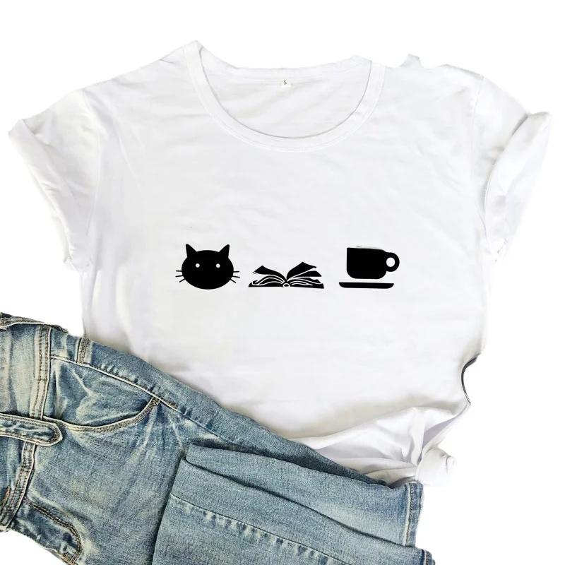 

Женская белая футболка с принтом черного кота, с коротким рукавом, летняя, с милым узором, летняя повседневная белая футболка, графические футболки 4XL