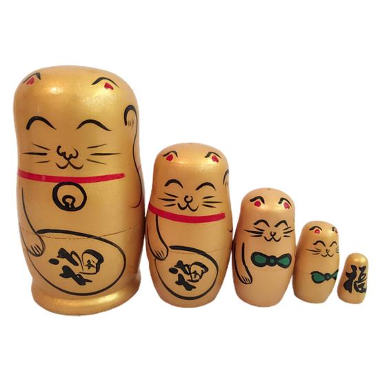 5Pcs/Set Nesting Dolls Hand-painted Home Decoration Wood Lucky Cat Matryoshka Gift for Shop