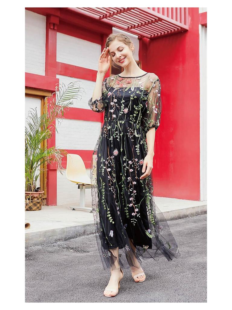 Hepburn Style Plus Size Evening Gown: Women's Mesh Embroidery Banquet Party Dress