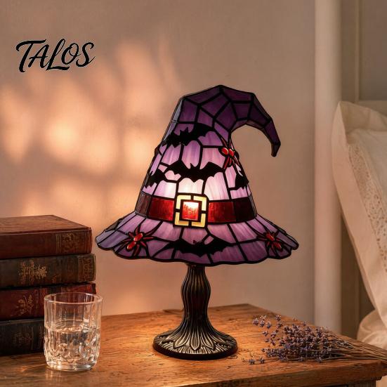 Talos Stained Glass Witch Hat Lamp, Handcrafted Retro Resin USB Powered Gothic Wizard Hats Night Light, Halloween Home Decor Accent Lamps for Bedroom
