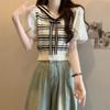 Summer Korean Academy Style Navy Collar Bubble Short Sleeve Slimming Striped Knitted Shirt Top for Women
