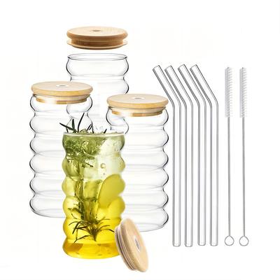 YWDL 4 Stück 16oz/500ml Wellenform Getränkegläser mit Strohhalmen Vintage Glasbecher Riffelglas Trinkgläser für Saft Bier Wein