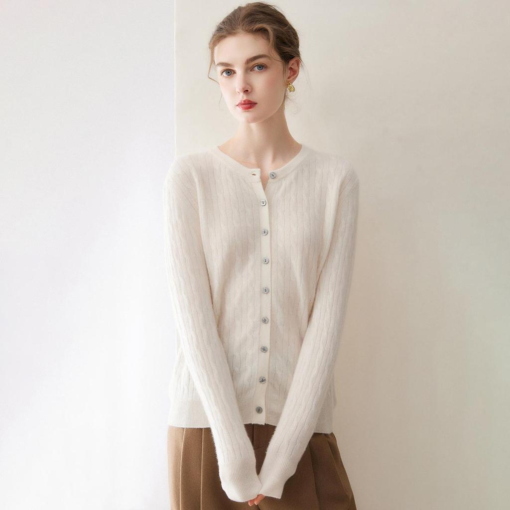 Women's Pure Cashmere Cardigan - Round Neck, Solid Color, Loose Fit, Long Sleeve Knit Sweater