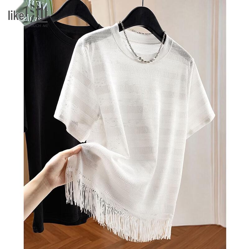 Women s Tassel Hem Ice Silk Short Sleeve T-shirt XL
