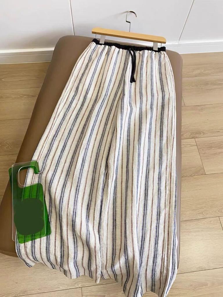 Women's Striped Linen Trousers: Fashionable, Cowhide, Minimalist, Wide-Leg with Drawstring Waist.