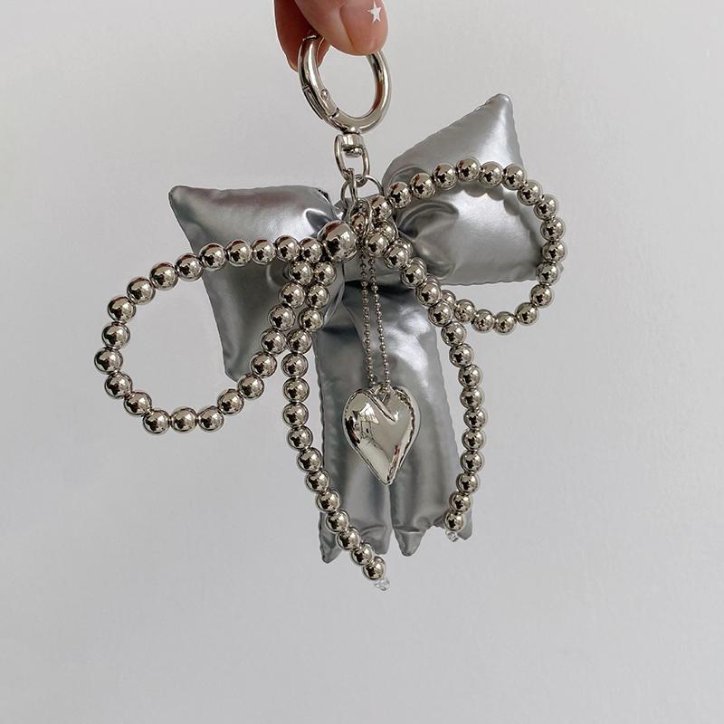 

Y2K Bow Bag Charm Beaded Heart Pendant Cute Fashion Keychain Accessory For Handbag Backpack Hanging Decoration Keyrings срібний