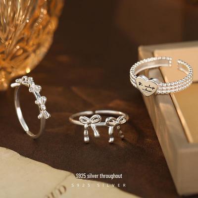 Banyan Tree S925 Silver Korean Double Bow Ring for Women - Elegant, Girlish, Sweet, Love Stacking Open Design.