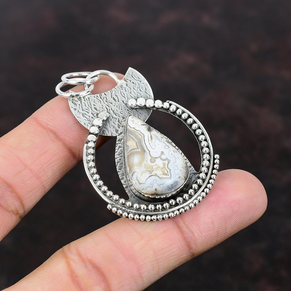 Mexican Laguna Lace Agate Pendant 925 Sterling Silver Pendant Handmade Boho Jewelry Wonderful Gemstone Pendant Gift For Mom Designer Pendant