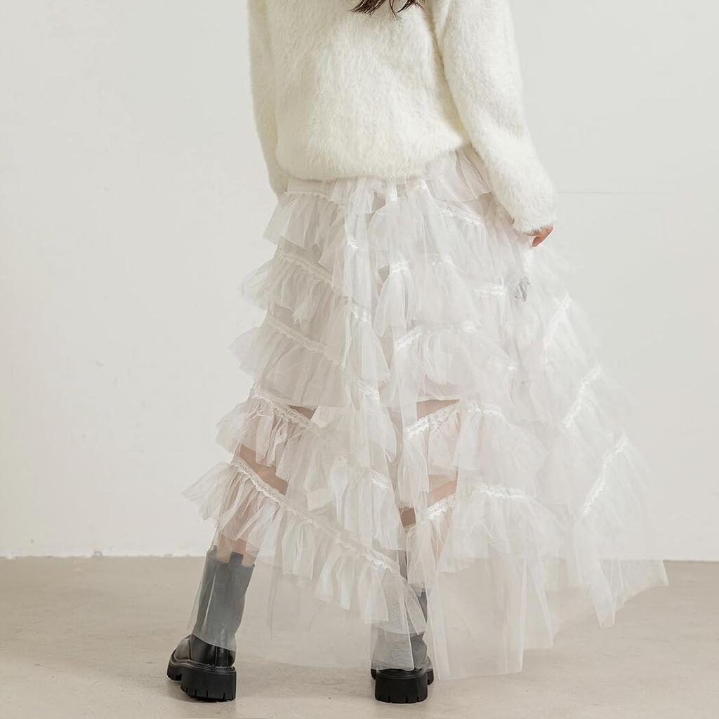 DAYCLOSET Sheer Tulle for and Size Medium Skirt, Long, Tiered, Lined, Ruffled, Lightweight, Women, Spring, Summer, Fall, 016, White,