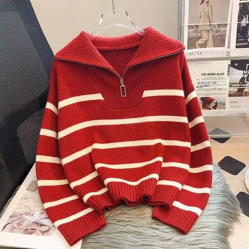 Sweter damski casual na zamek golf w paski Pull Femme Pogrubiony casualny Sweter 2026 Odzież damska Dzianinowy kardigan oversize