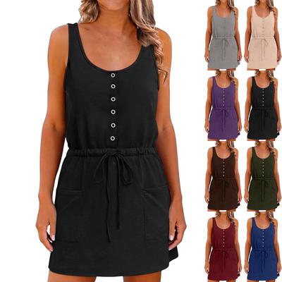 Sleeveless Casual Mini Dress with Drawstring Waist Button Front and Pockets for Women Summer Tank Style