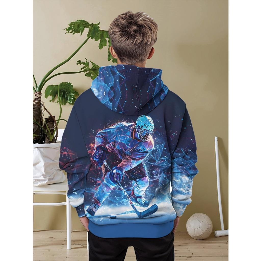Boys' 3D Digital Printed Neon Ice Hockey Storm Hoodie - Vibrant Ice Hockey Player with Ice Crystal Design