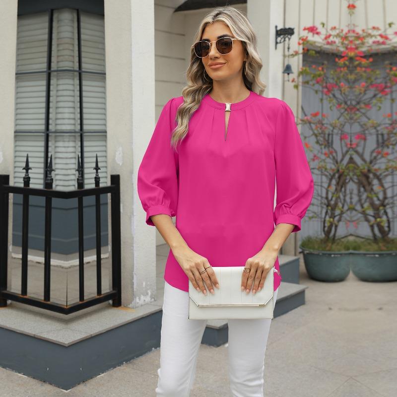 Women's Spring and Summer New Lock Hole V-neck Seven-minute Sleeve Loose Chiffon Shirt Tops