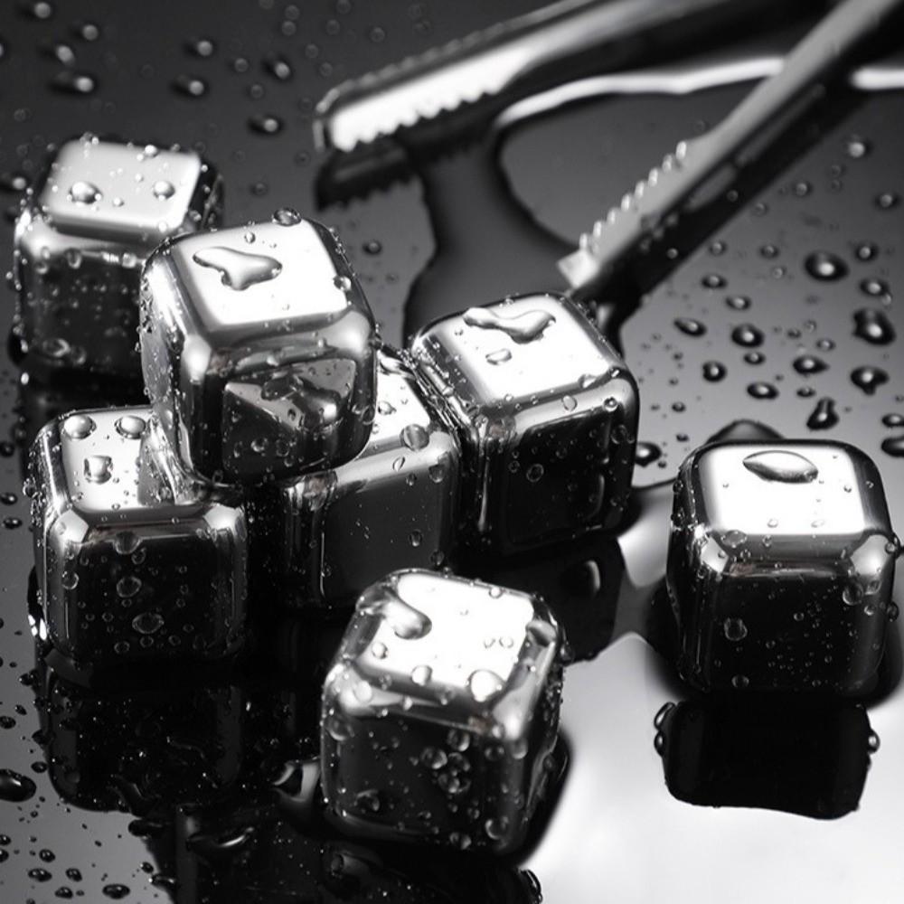 4/6/8pcs Set 304 Stainless Steel Ice Cubes Reusable Quick-Freeze Cooling Rock with Clip Odorless Bar Tool for Beer Whiskey