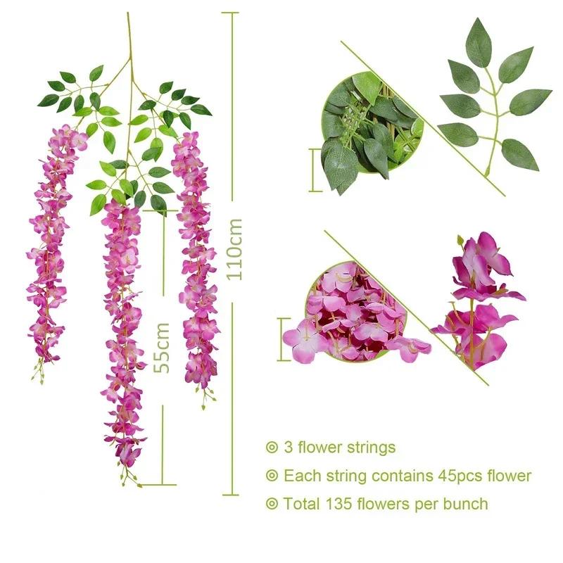 Wisteria Vine Artificial Flowers Wholesale 110cm Trailing Fake Flower String for Home Wedding Party Decor Silk Wisteria Garland