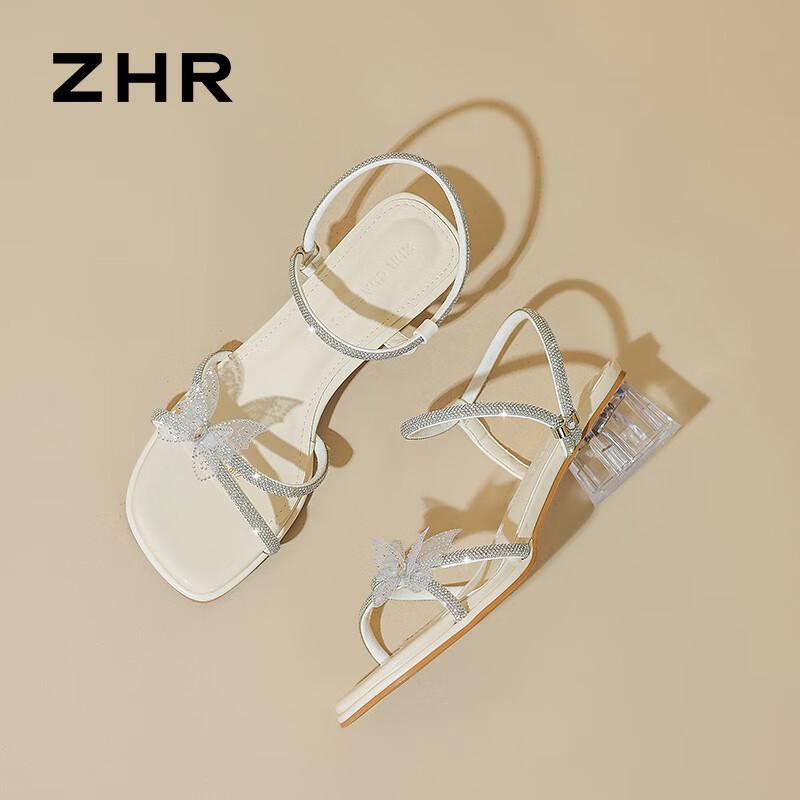 ZHR Women's Transparent Crystal Bow Chunky Heel Sandals
