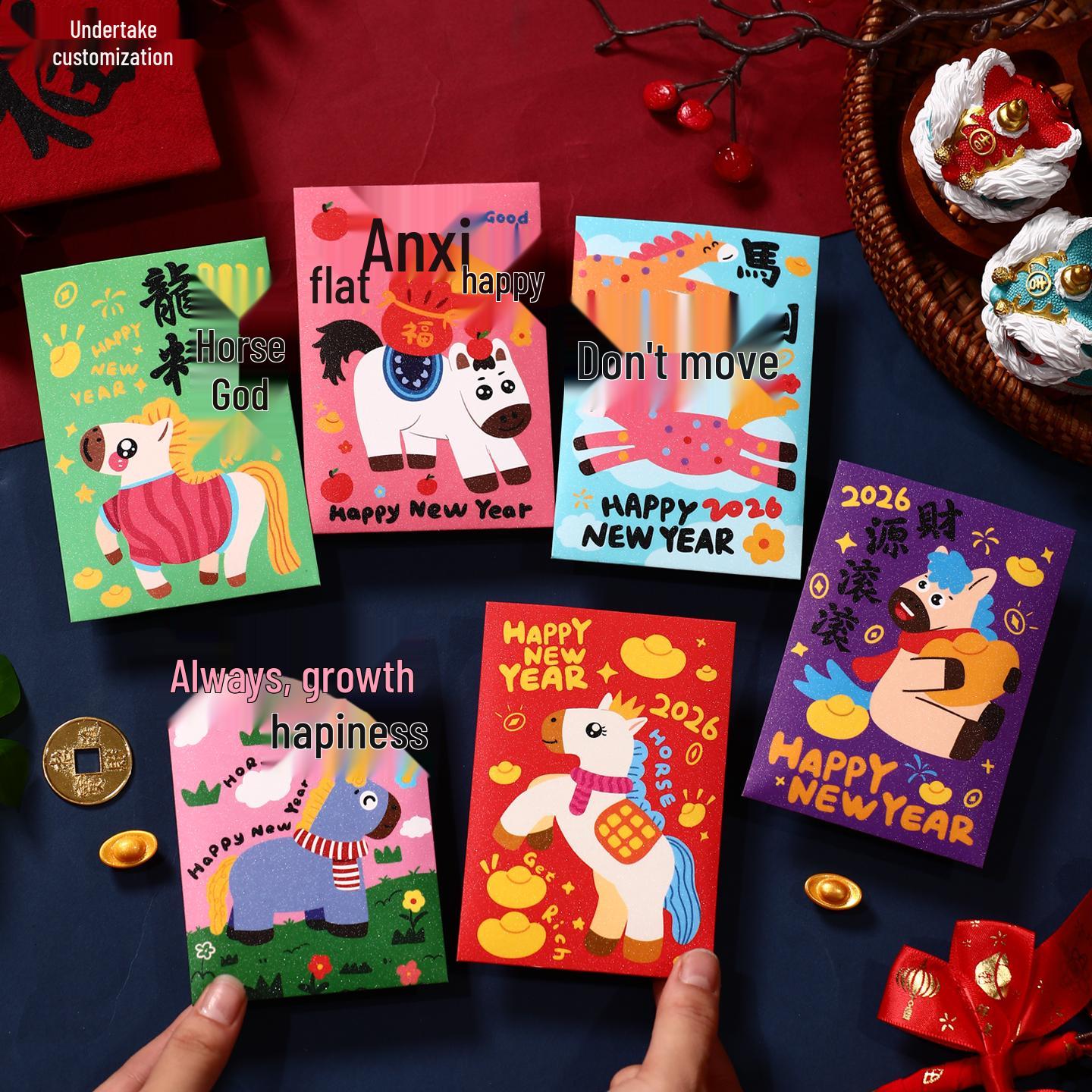 2026 Year of the Horse Red Envelopes - Cartoon Small Size, Happy New Year Design, Lucky Money Holder. 12 Creative Envelopes