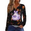 Women's Casual Halloween Print V-Neck Long Sleeve T-Shirt with Decorative Buttons