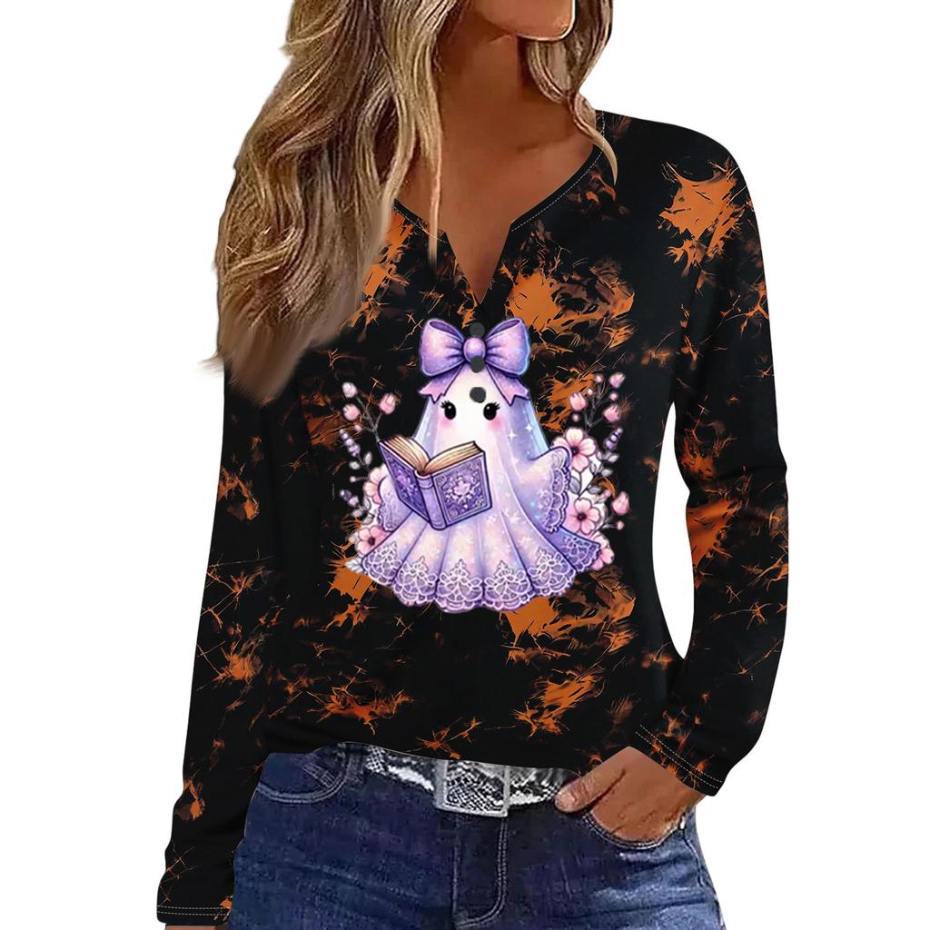 Women's Casual Halloween Print V-Neck Long Sleeve T-Shirt with Decorative Buttons