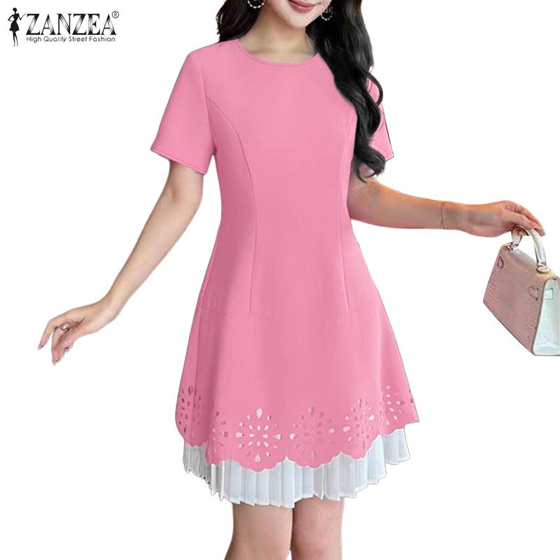 ZANZEA Women Summer Round Neck Casual Short Sleeve Patchwork Dress